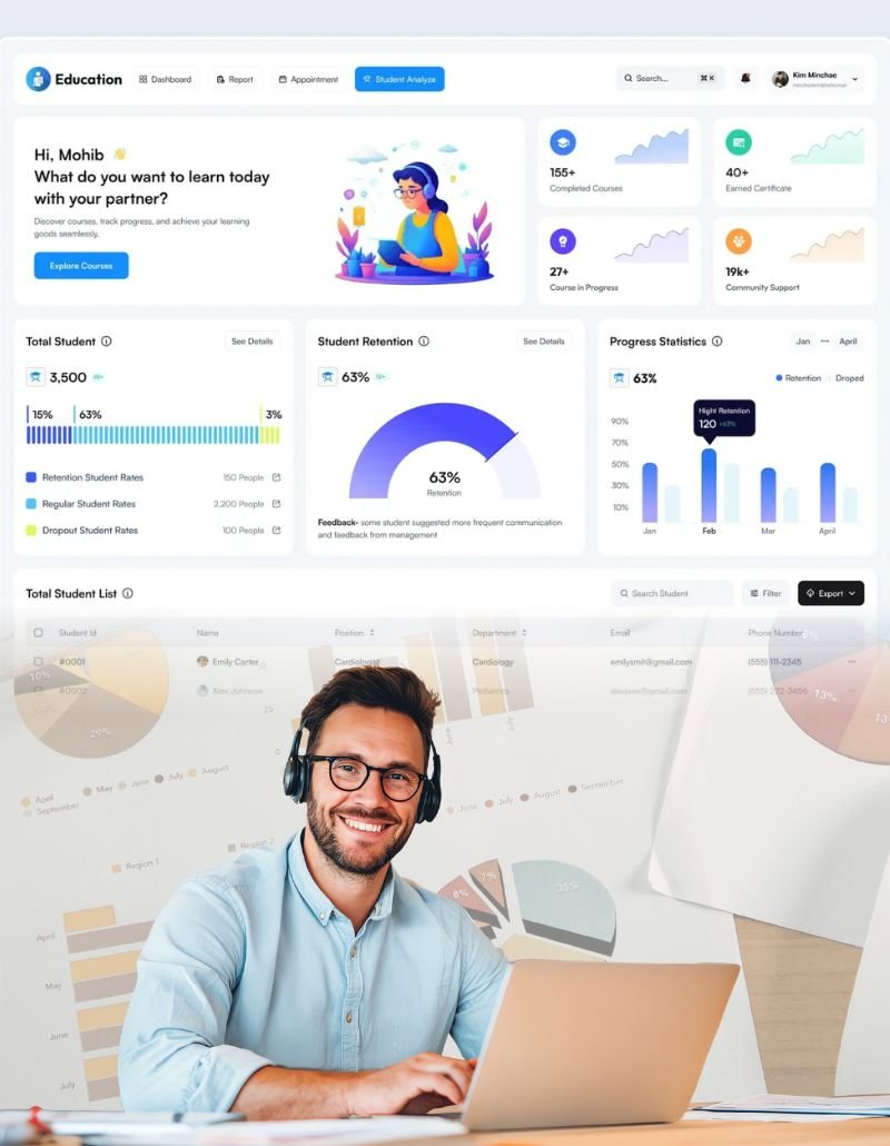 Education dashboard above a smiling person working at a laptop