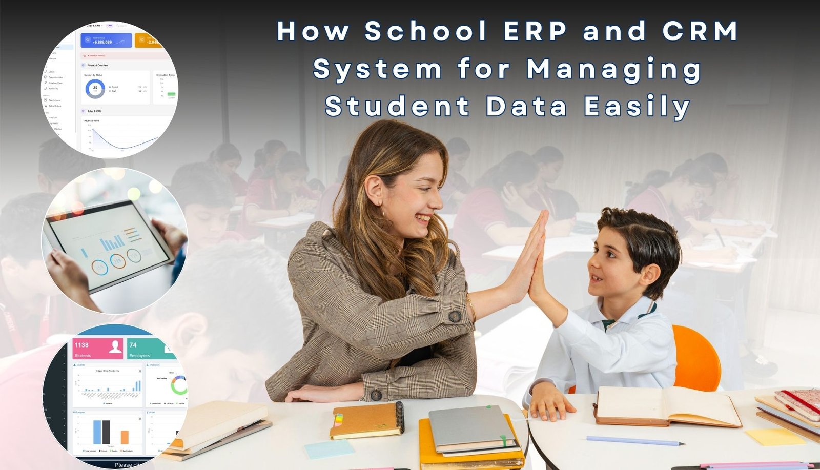Teacher and student high-fiving beside school ERP dashboard screens
